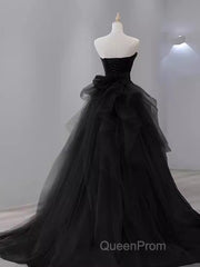 Vintage Sheath Strapless Satin Black Tulle Long Evening Prom Dresses Formal Dresses