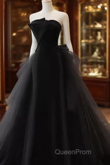 Vintage Sheath Strapless Satin Black Tulle Long Evening Prom Dresses Formal Dresses