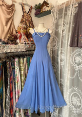 Vintage Soft Blue Spaghetti Strap A-Line Chiffon Birthday Evening Prom Dresses Pretty Graduation Dresses