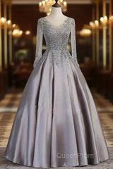 Vintage V-Neck Long Sleeves Appliques Beading Long Evening Dresses