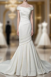 Vintage Wedding Dresses Mermaid Off The Shoulder Sleeveless Pleated Satin Fabric With Train Traditional Dresses For Bride