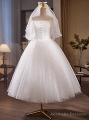 Vintage White Tulle Off the Shoulder Pearls Wedding Dress