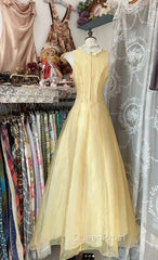 Vintage Yellow A-Line Boat Neck Tulle Long Evening Prom Dresses Simple Embroidery Applique Evening Dresses