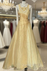 Vintage Yellow A-Line Boat Neck Tulle Long Evening Prom Dresses Simple Embroidery Applique Evening Dresses