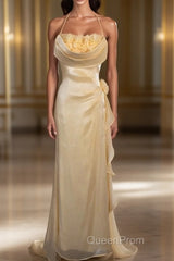 Vintage Yellow Halter Neck Floral Evening Prom Gown Fairy Princess Evening Prom Dresses