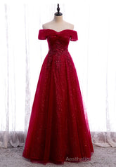 Burgundy Lace Long Prom Dresses, A-Line Off the Shoulder Evening Dresses