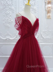 Wine Red Tulle V-Neckline Off Shoulder With Bow, Wine Red Tulle Long Evening Prom Dresses
