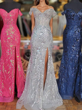 Fuchsia Off-Shoulder Sequined Floral Mermaid Long Evening Prom Dresses with Slit