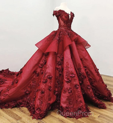 Ball Gown Off the Shoulder Evening Prom Dresses with Beading, Puffy Long Quinceanera Dresses