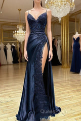 Dark Blue V Neck Satin Lace Long Evening Prom Dresses, Dark Blue Lace Long Evening Dresses