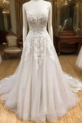 Wh V Neck Tulle Long Evening Prom Dresses, Lace Evening Dresses, White Lace Wedding Dresses