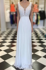 White A-line chiffon lace long Evening Prom Dresses, white bridesmaid Dresses