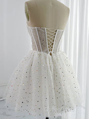 White A-Line Tulle Star Short Evening Prom Dresses, White Cute Homecoming Dresses