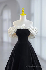 White and Black Velvet Short Prom Dress, Black Off Shoulder Evening Dress