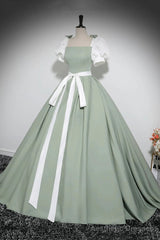 White and Green Floor Length Prom Dress, Lovely A-Line Short Sleeve Evening Party Dress