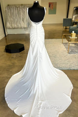 White Backless Ruched Wedding Dresses With Detachable Sleeves Open Back