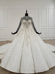 White Ball Gown Lace Appliques High Neck Beading Crystal Wedding Dress