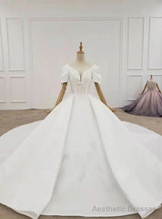 White Ball Gown Satin Puff Sleeve Wedding Dress With Long Train
