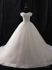 White Ball Gown Tulle Off The Shoulder Appliques Wedding Dress