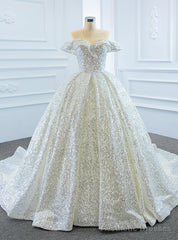 White Ball Gown Tulle Sequins Off the Shoulder Pearls Wedding Dress