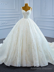 White Ball Gown Tulle Sequins Straps Wedding Dress