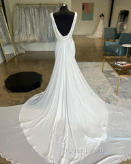 White Cowl Neck Open Back Mermaid Long Wedding Dresses Pure Color