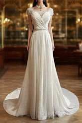 White Elegant A-Line Chiffon V-Neck Long Evening Prom Dresses With Beading Simple Wedding Dresses