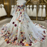 White Floral Sweetheart Long Sleeves Ball Gown Evening Prom Dresses