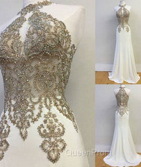 White High Neck Lace Applique Long Evening Prom Dresses, Evening Dresses