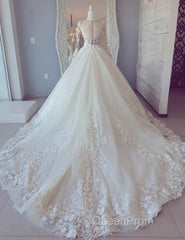 White Lace Long Sleeve Ball Gown Evening Prom Dresses Wedding Dresses