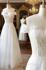 White Lace Off Shoulder Long Evening Prom Dresses White Lace Evening Dresses