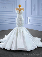White Mermaid High Neck Appliques Beading Wedding Dress