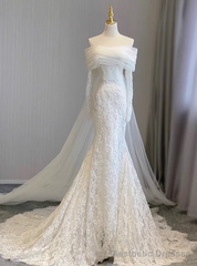 White Mermaid Lace Tulle Long Sleeve Wedding Dress