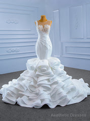 White Mermaid Pleats Appliques Beading Wedding Dress