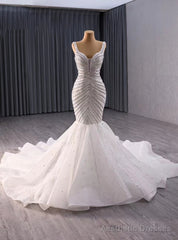 White Mermaid Straps Beading Prom Dress