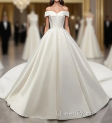 White Off Shoulder Satin Long Evening Prom Dresses, White Evening Dresses, White Wedding Dresses, White Formal Dresses