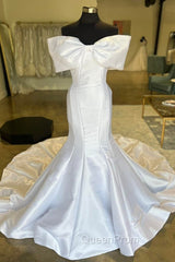 White Off-The-Shoulder Bow Trumpet Long Wedding Dresses Pure Color