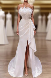 White Evening Prom Dresses, Vintage Mermaid Long Slit White Wedding Dresses