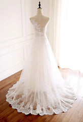 White Round Neck Tulle Lace Long Evening Prom Dresses White Tulle Wedding Dresses
