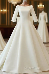 White Satin Backless 3/4 Sleeve Wedding Dresses Party Evening Prom Dresses