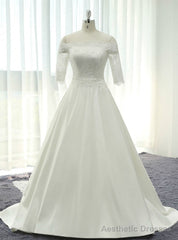 White Satin Lace Off The Shoulder Short Sleeve Wedding Dress With Lace Train