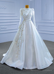 White Satin Long Sleeve High Neck Beading Wedding Dress