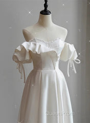 White Satin Off Shoulder Beaded Sweetheart Formal Dresses, White Long Evening Prom Dresses