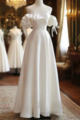 White Satin Off Shoulder Beaded Sweetheart Formal Dresses, White Long Evening Prom Dresses