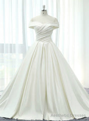 White Satin Off The Shoulder Pleats With Train Wedding Dress