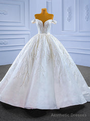White Satin Off the Shoulder Sequins Appliques Wedding Dress