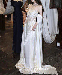 White Satin Evening Prom Dresses Satin A-Line Long Scoop Long Evening Dresses