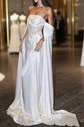 White Satin Evening Prom Dresses Satin A-Line Long Scoop Long Evening Dresses