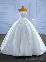 White Satin Strapless Pearls Pleats Wedding Dress