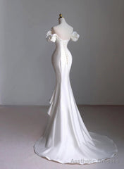 White Satin Sweetheart Beaded Wedding Party Dress, White Satin High Low Formal Dress